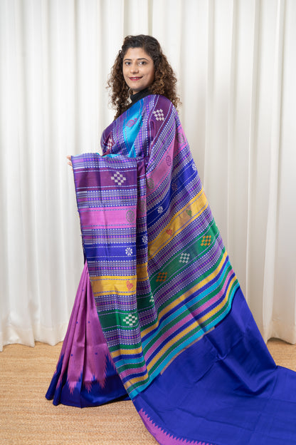 Exclusive Double Pallu Berhampuri Pure Silk Patta Saree - Pink & Purple
