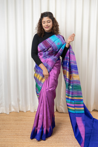 Exclusive Double Pallu Berhampuri Pure Silk Patta Saree - Pink & Purple