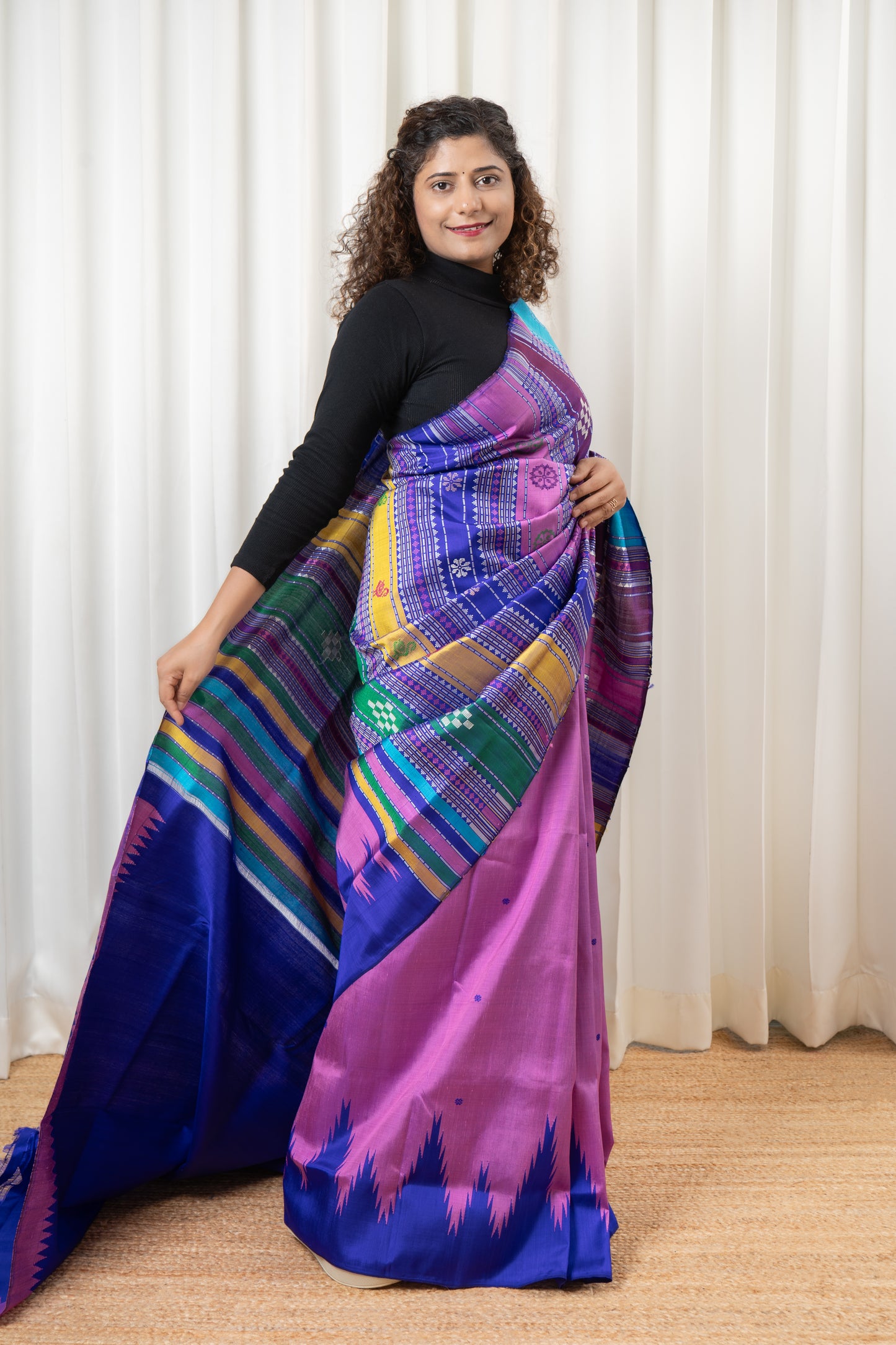 Exclusive Double Pallu Berhampuri Pure Silk Patta Saree - Pink & Purple