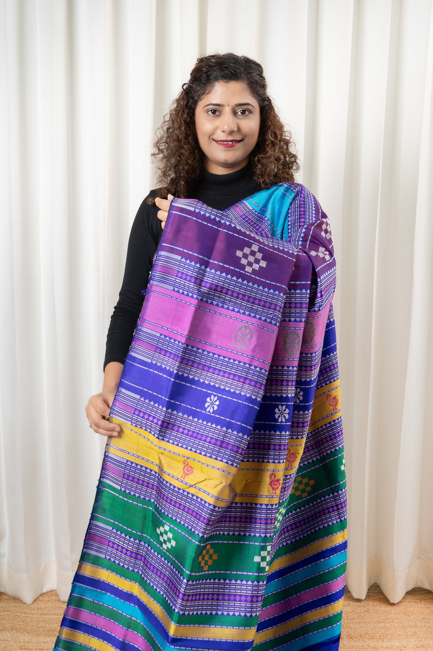 Exclusive Double Pallu Berhampuri Pure Silk Patta Saree - Pink & Purple
