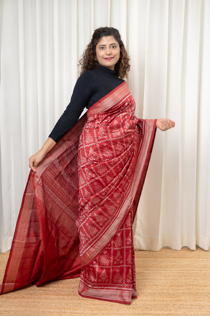 Natural Dye Sambalpuri Silk Saree – Manjistha Red