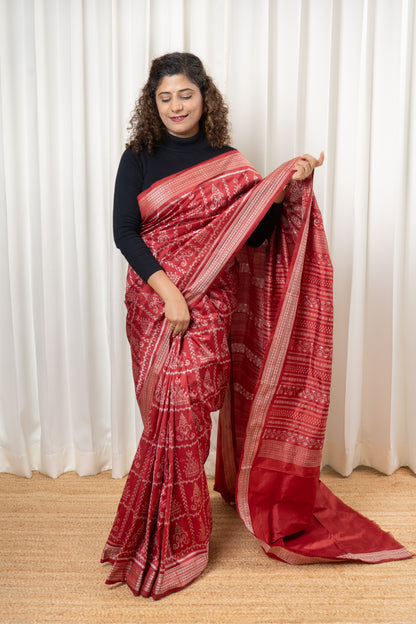 Natural Dye Sambalpuri Silk Saree – Manjistha Red