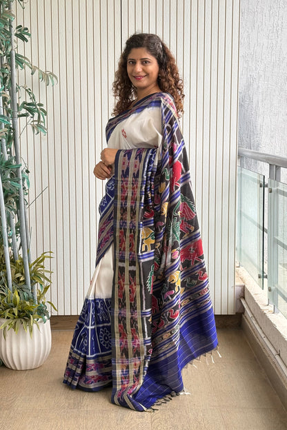 Exclusive Odisha Ikkat Nuapatna Silk Saree - White-Navy Blue