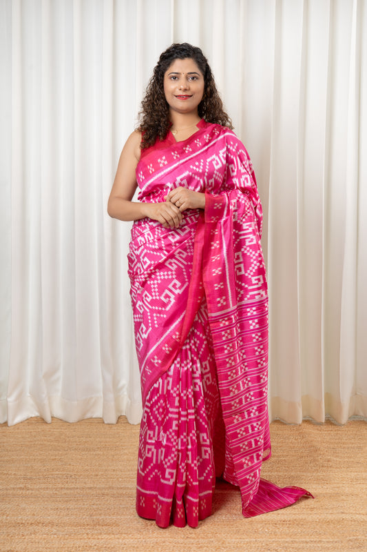 Exclusive Odisha Ikkat Khandua Pure Silk Saree- Pink