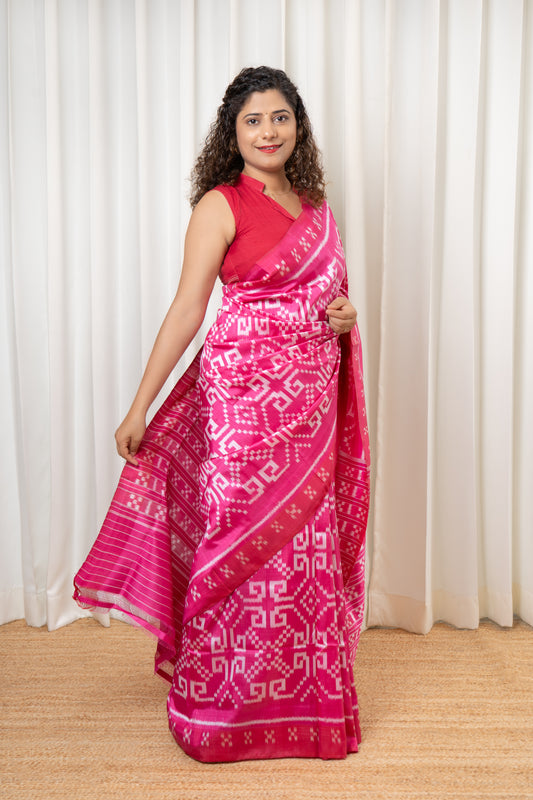 Exclusive Odisha Ikkat Khandua Pure Silk Saree- Pink