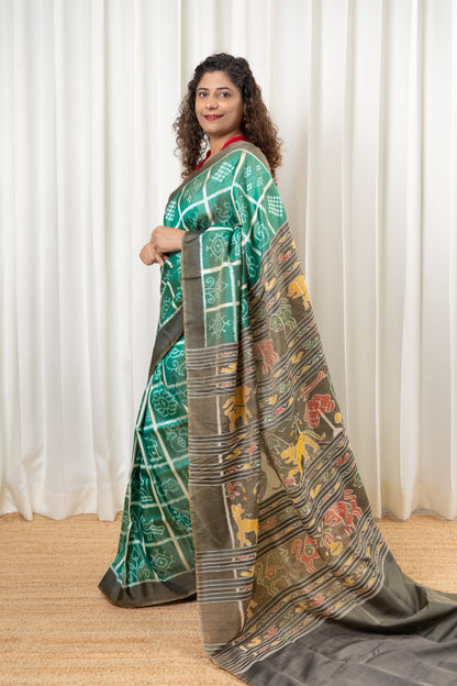 Nabakothi Khandua Ikkat Silk Saree: Dual tone english Green
