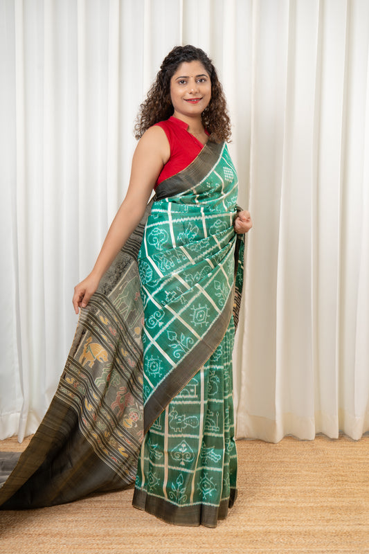 Nabakothi Khandua Ikkat Silk Saree: Dual tone english Green