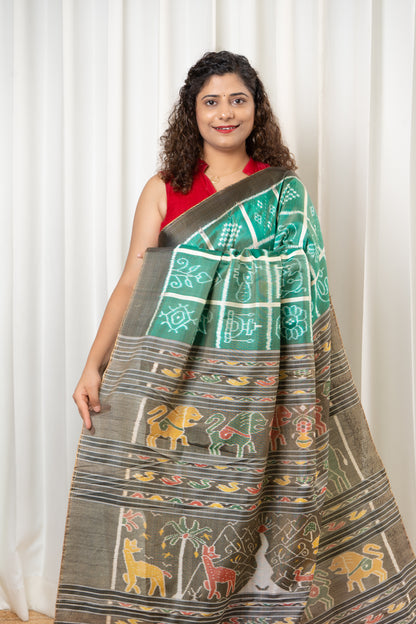 Nabakothi Khandua Ikkat Silk Saree: Dual tone english Green