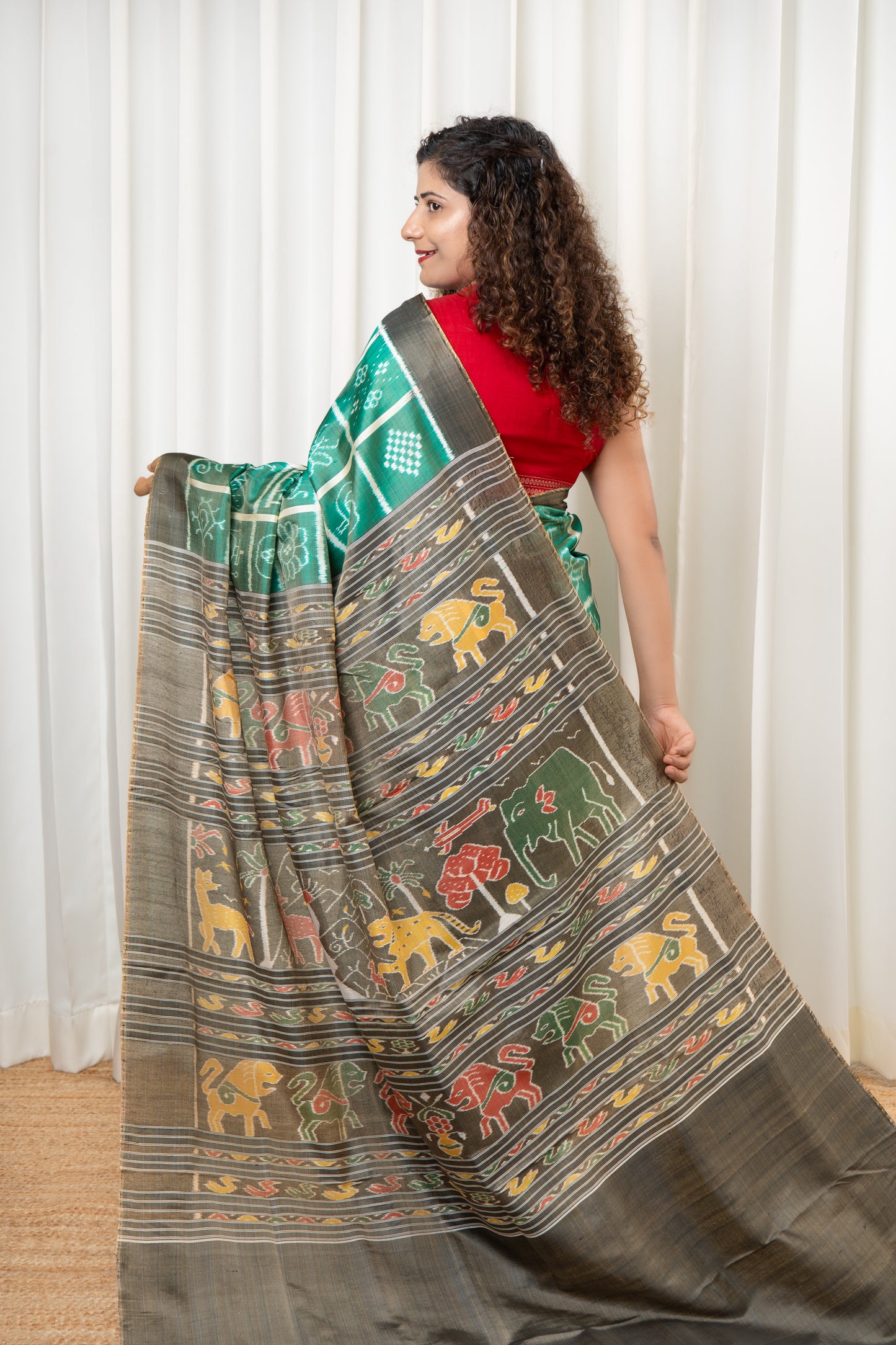 Nabakothi Khandua Ikkat Silk Saree: Dual tone english Green