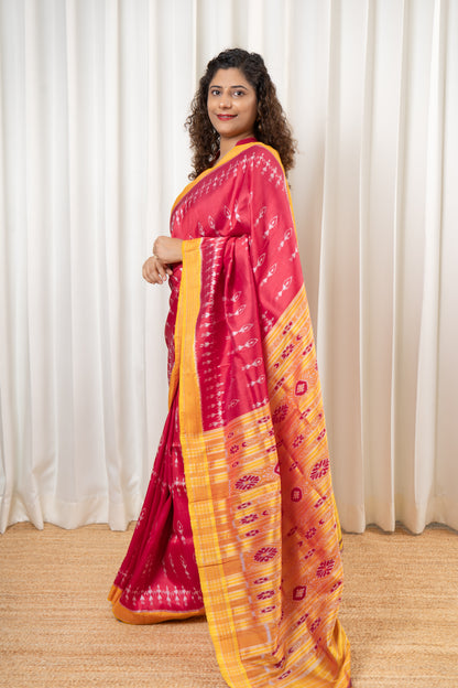 Odisha Ikkat Khandua Pure Silk Saree- Dual Tone Carrot Red
