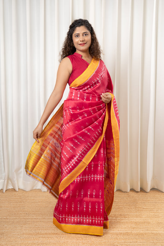 Odisha Ikkat Khandua Pure Silk Saree- Dual Tone Carrot Red