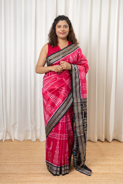 Exclusive Odisha Ikkat Pure Silk Saree- Bright Pink