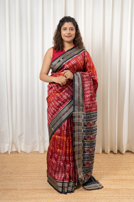 Odisha Ikkat Khandua Pure Silk Saree- Deep Red