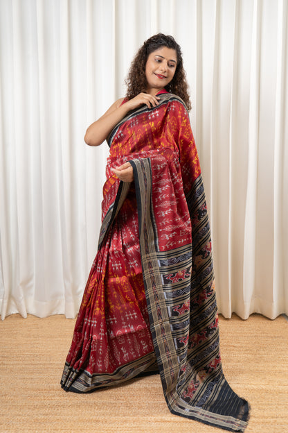 Odisha Ikkat Khandua Pure Silk Saree- Deep Red
