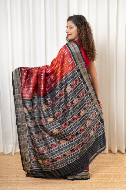 Odisha Ikkat Khandua Pure Silk Saree- Deep Red