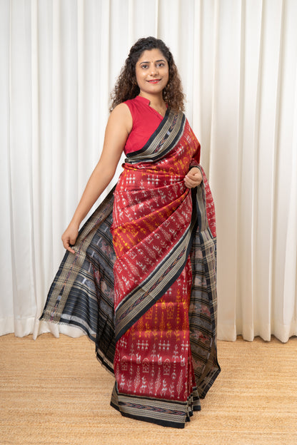 Odisha Ikkat Khandua Pure Silk Saree- Deep Red