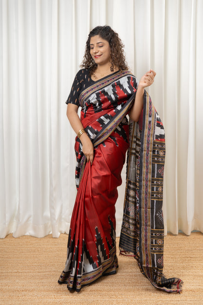 Phoda Kumbha Khandua Ikkat Silk Saree - Red Black