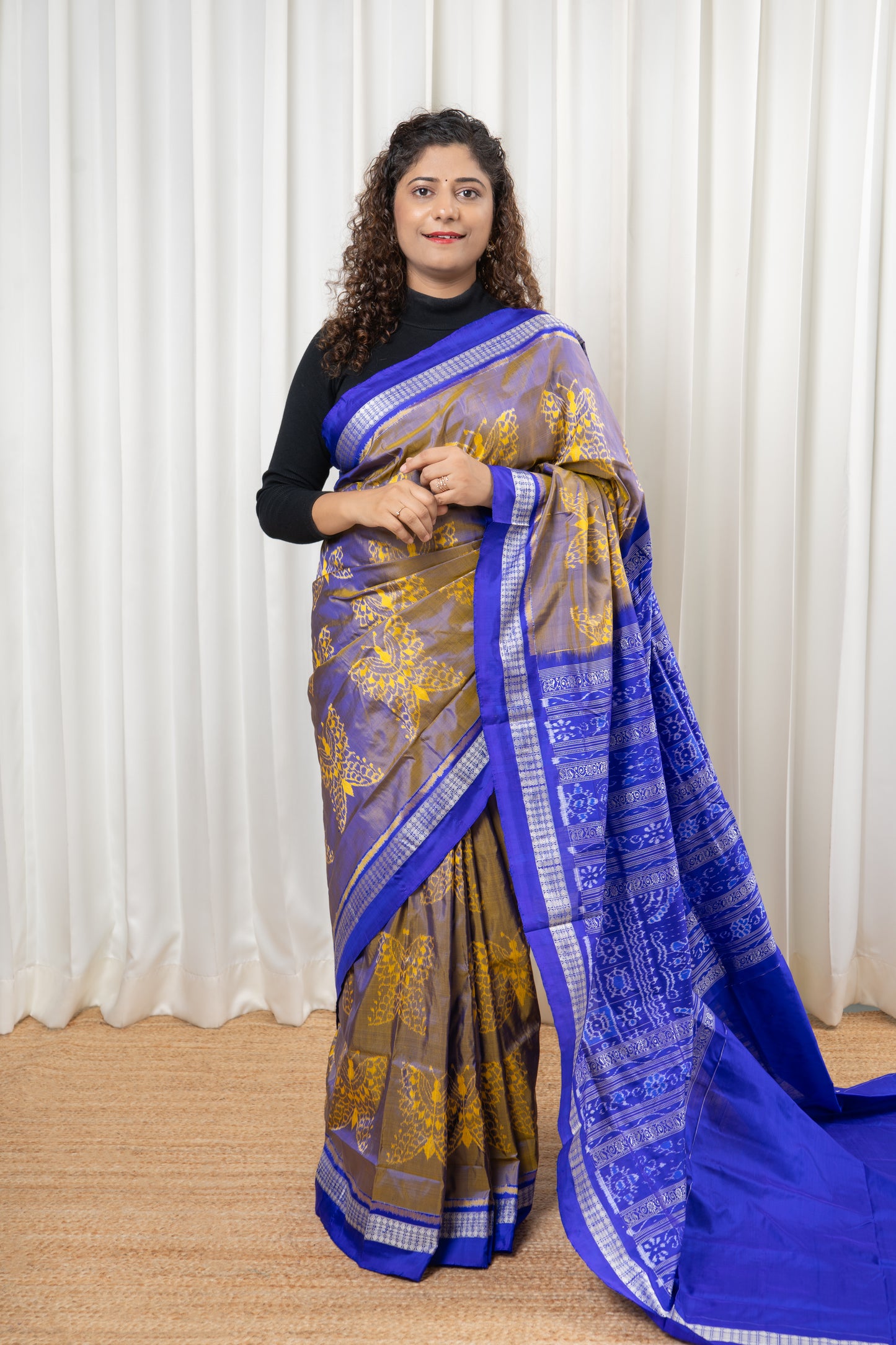 Exclusive Sambalpuri Pure Silk Saree - Gold-Blue