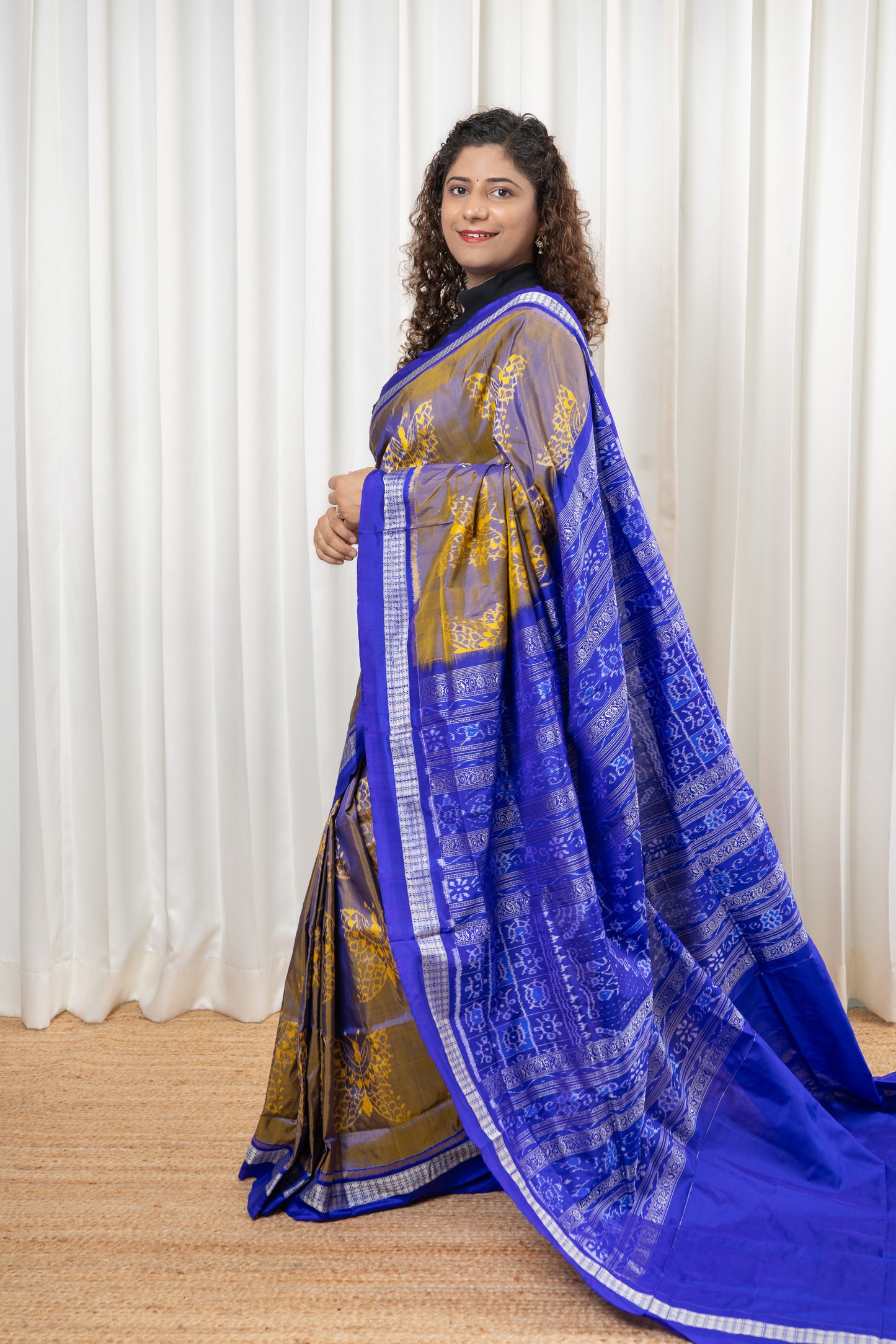 Exclusive Sambalpuri Pure Silk Saree - Gold-Blue