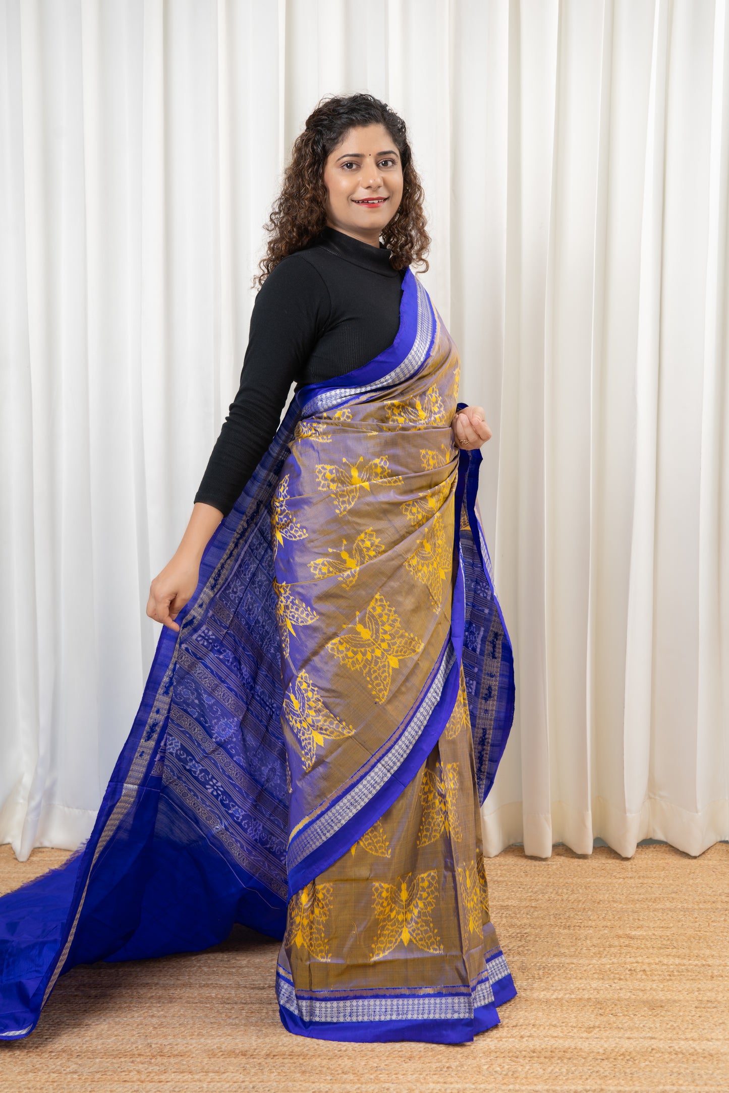 Exclusive Sambalpuri Pure Silk Saree - Gold-Blue