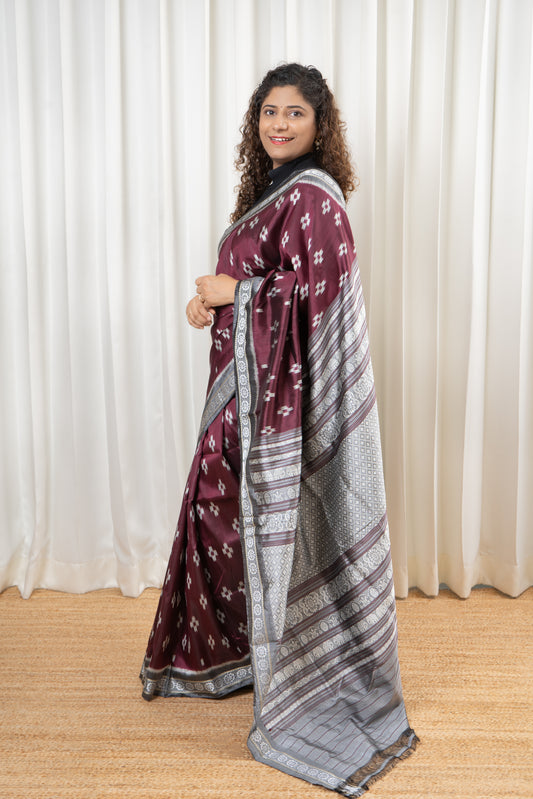 Exclusive Odisha Ikkat Jalla Work Pure Silk Saree - Burgundy