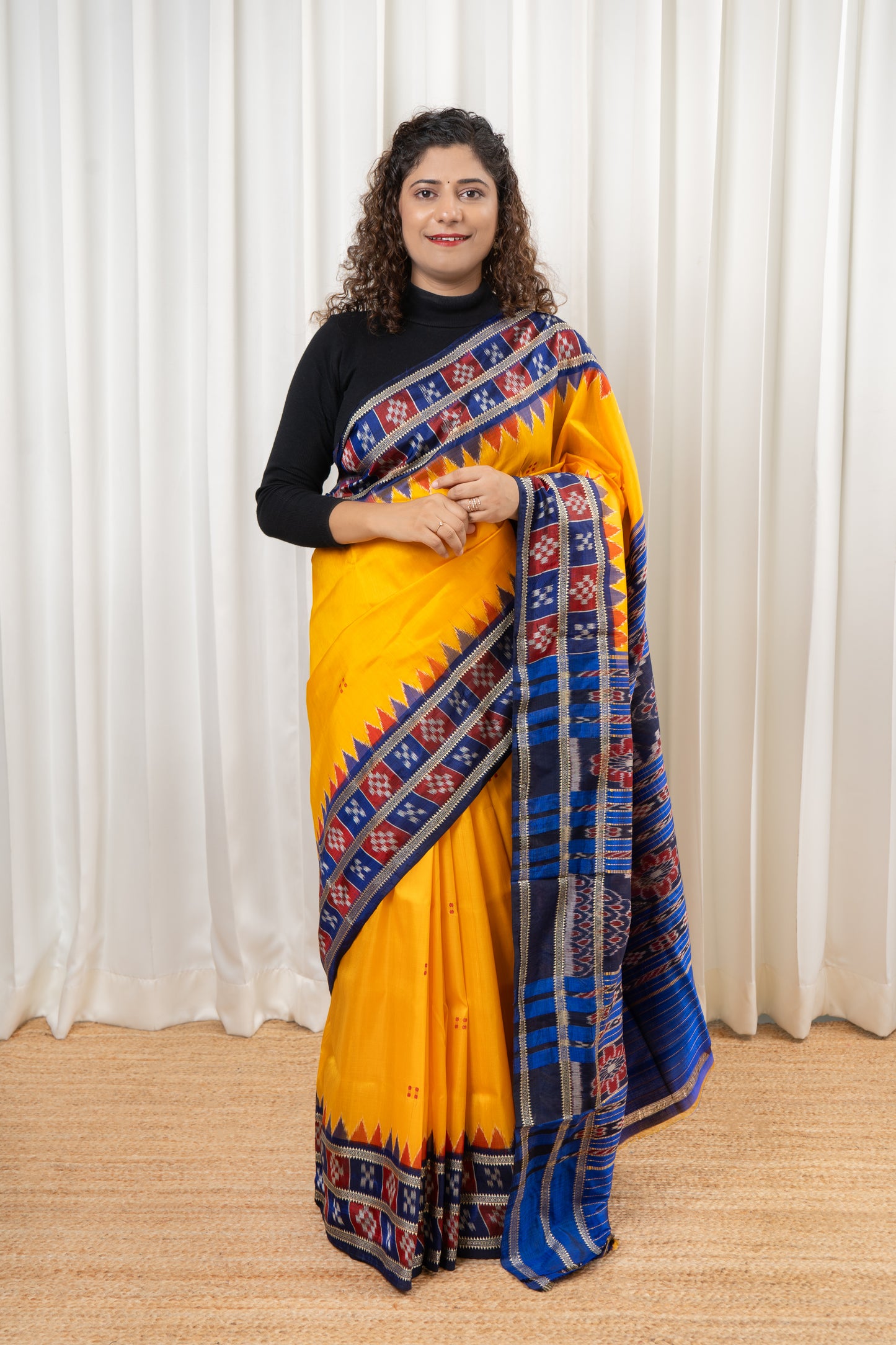 Pasapali Border Odisha Ikkat Pure Silk Saree-Yellow