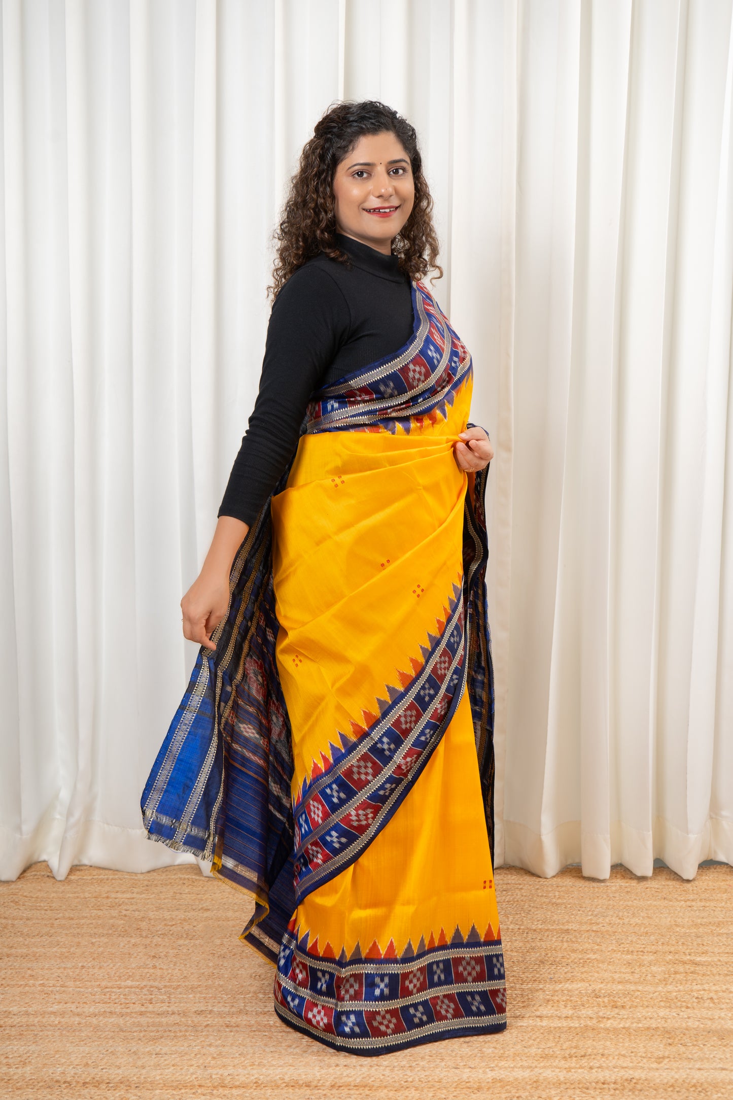Pasapali Border Odisha Ikkat Pure Silk Saree-Yellow