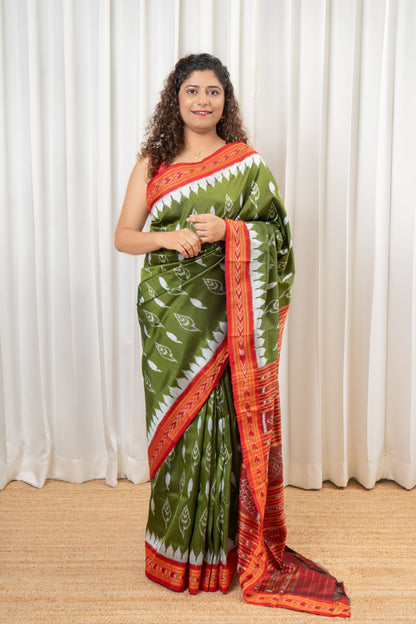 Odisha Ikkat Khandua Silk Saree - Olive green