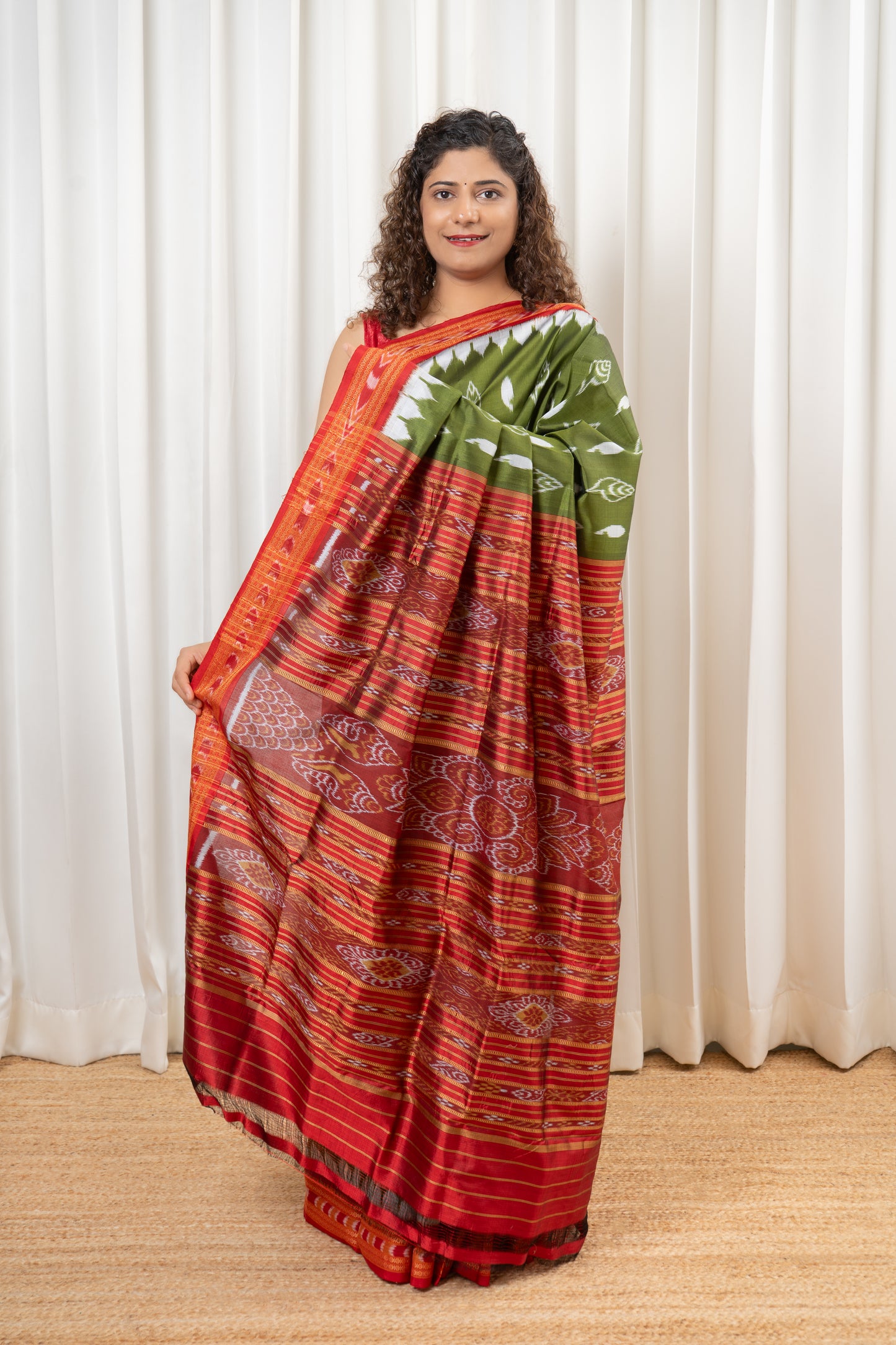 Odisha Ikkat Khandua Silk Saree - Olive green