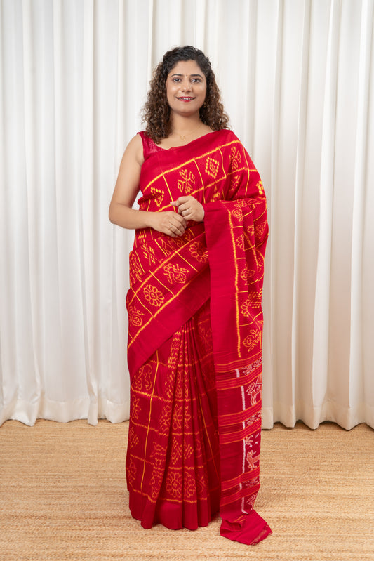 Exclusive Odisha Ikkat Nabakothi Pure Silk Saree- Red