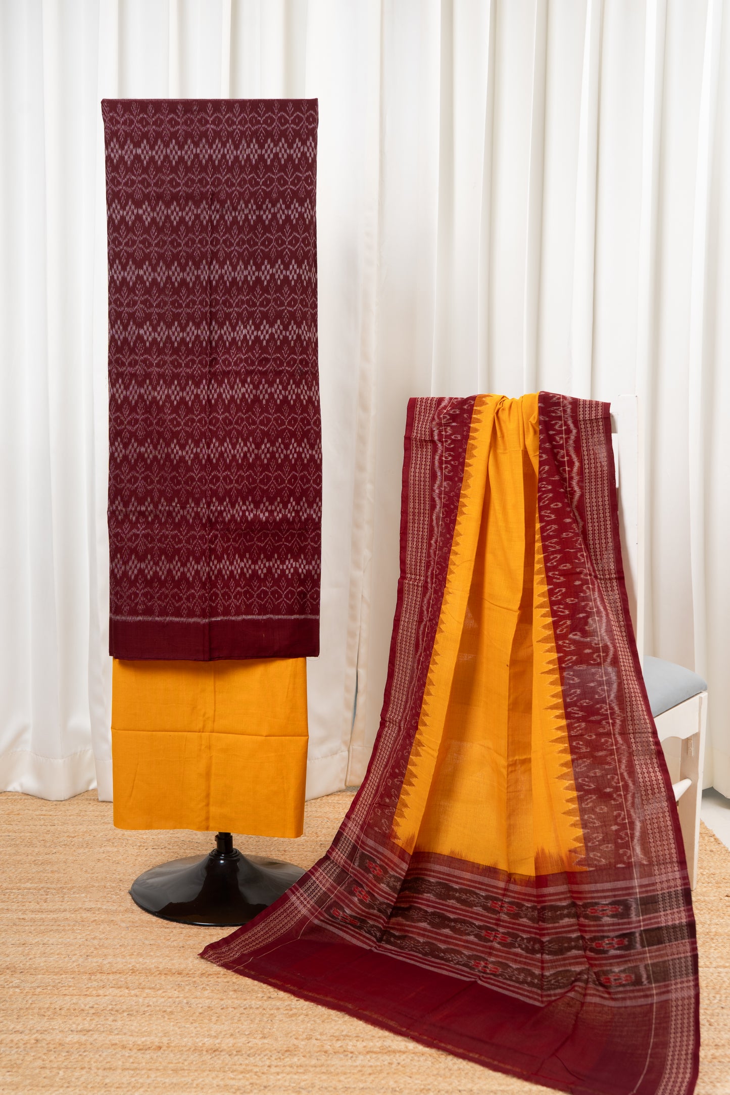 Pure Cotton Sambalpuri 3 Piece Dress Material-Deep Maroon