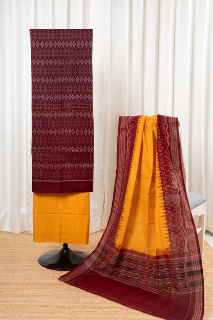 Pure Cotton Sambalpuri 3 Piece Dress Material-Deep Maroon