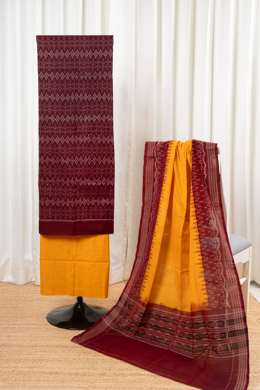 Pure Cotton Sambalpuri 3 Piece Dress Material-Deep Maroon
