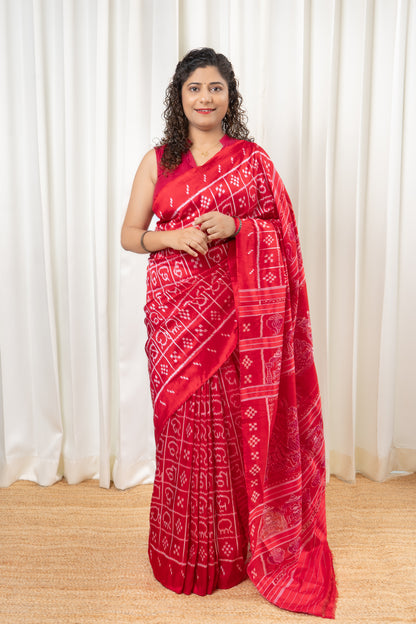 Odisha Ikkat Odia Varnamala Khandua Silk Saree - Red