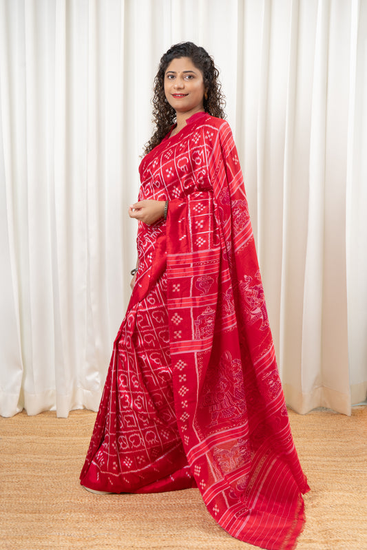Odisha Ikkat Odia Varnamala Khandua Silk Saree - Red