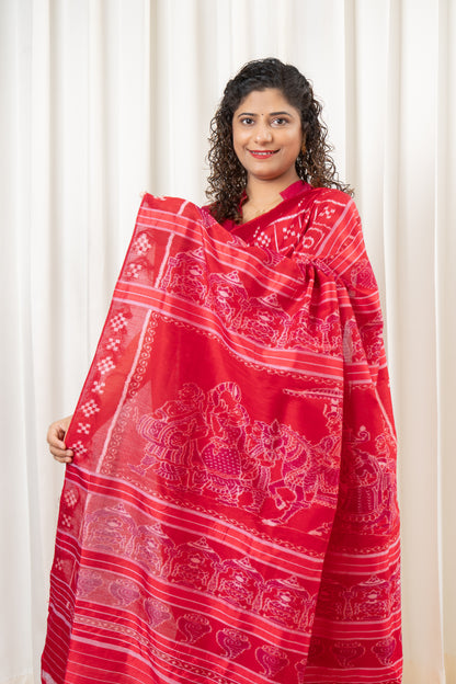 Odisha Ikkat Odia Varnamala Khandua Silk Saree - Red