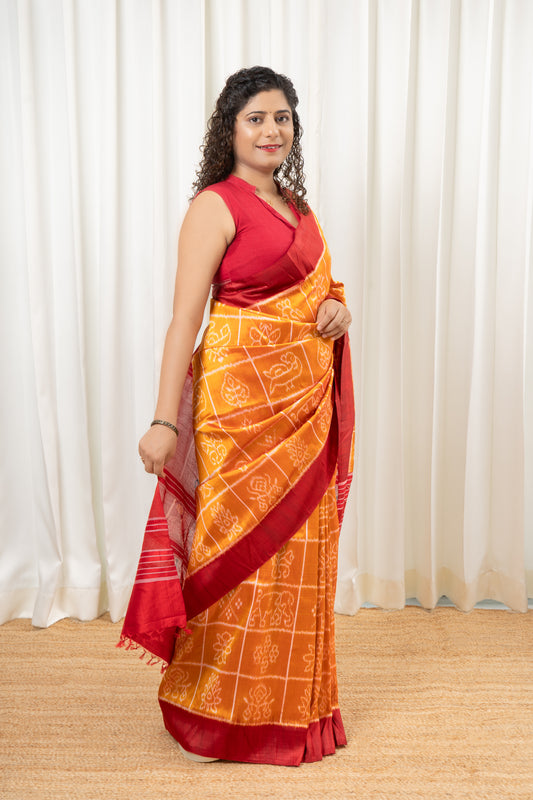 Exclusive Odisha Ikkat Nabakothi Pure Silk Saree- Dual tone Yellow