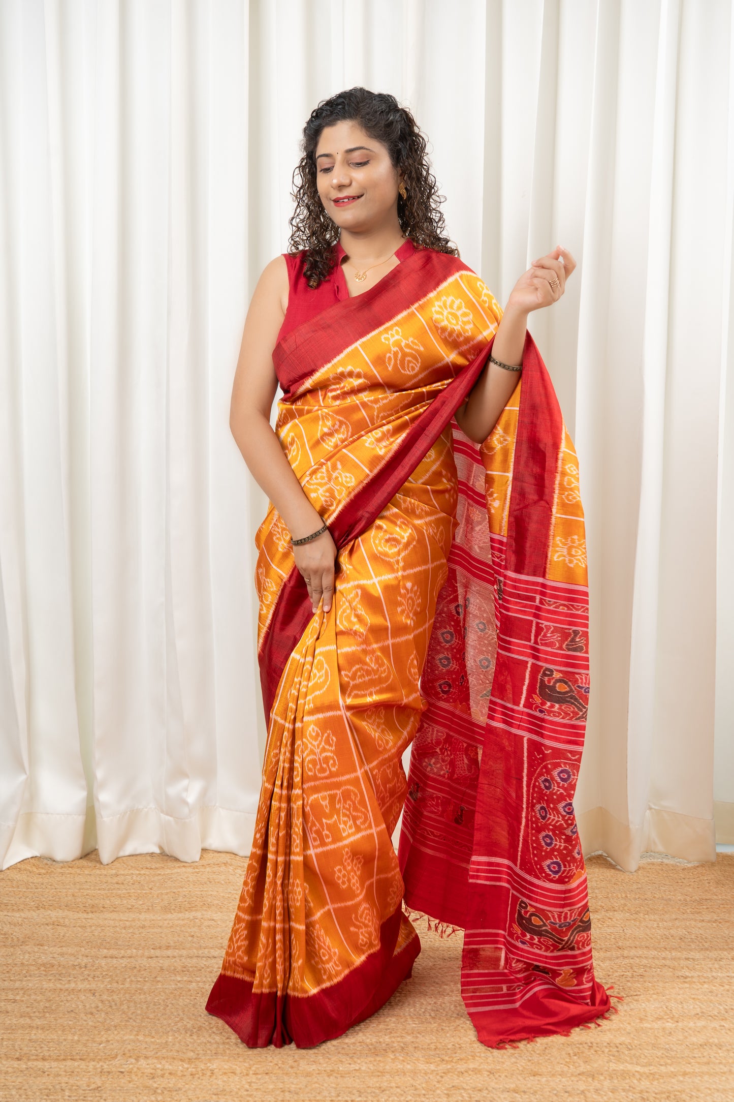 Exclusive Odisha Ikkat Nabakothi Pure Silk Saree- Dual tone Yellow