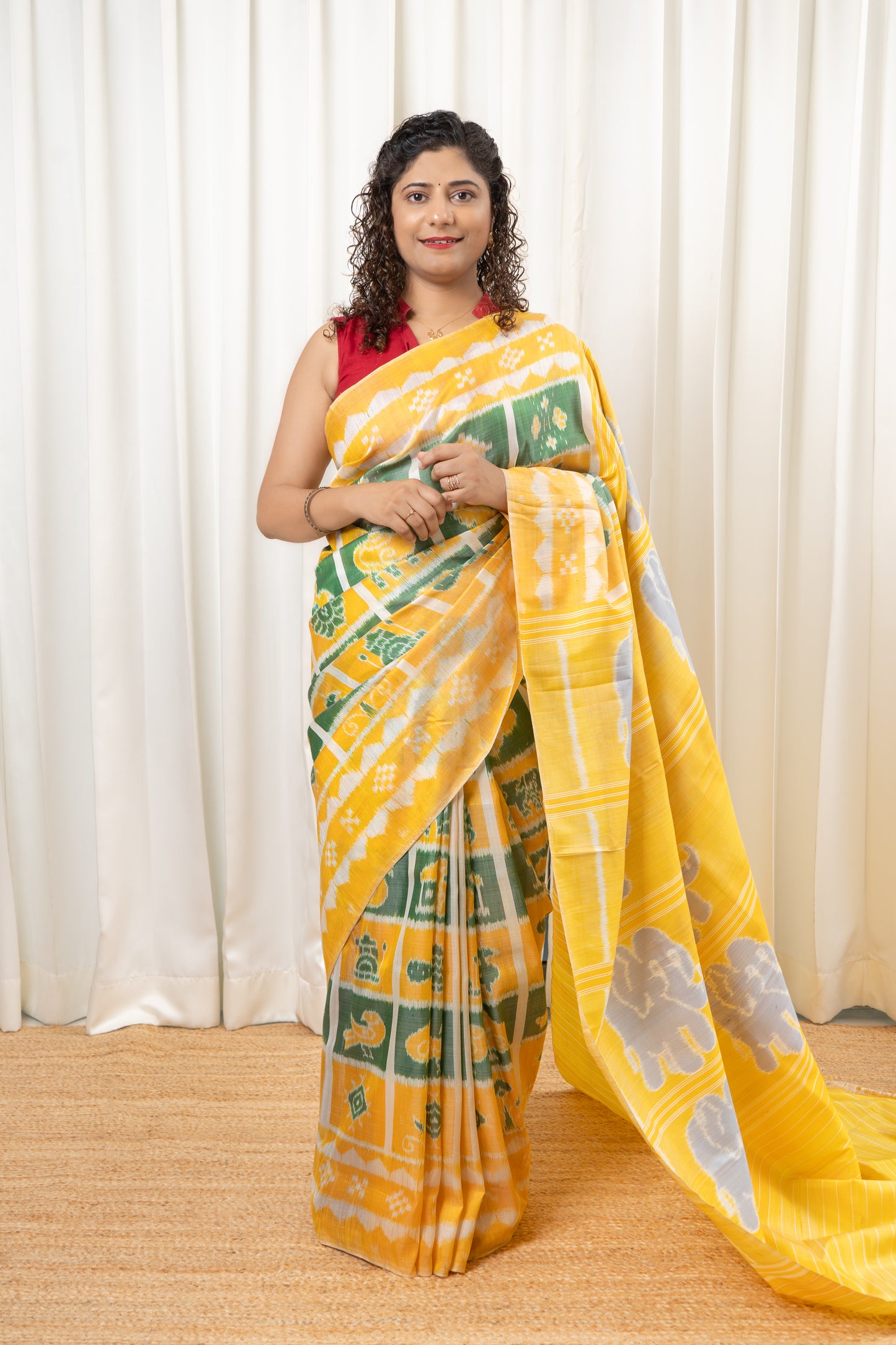 Exclusive Odisha Ikkat Nabakothi Pure Silk Saree- Pastel Yellow & Green
