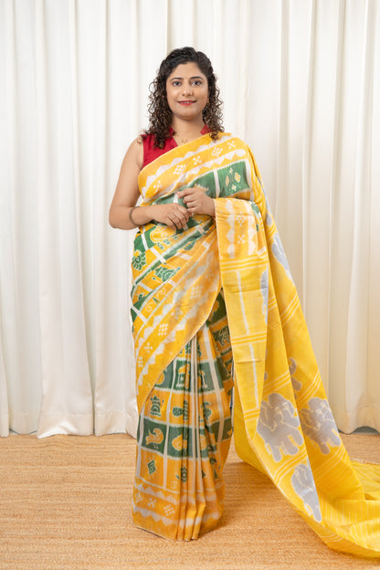 Exclusive Odisha Ikkat Nabakothi Pure Silk Saree- Pastel Yellow & Green