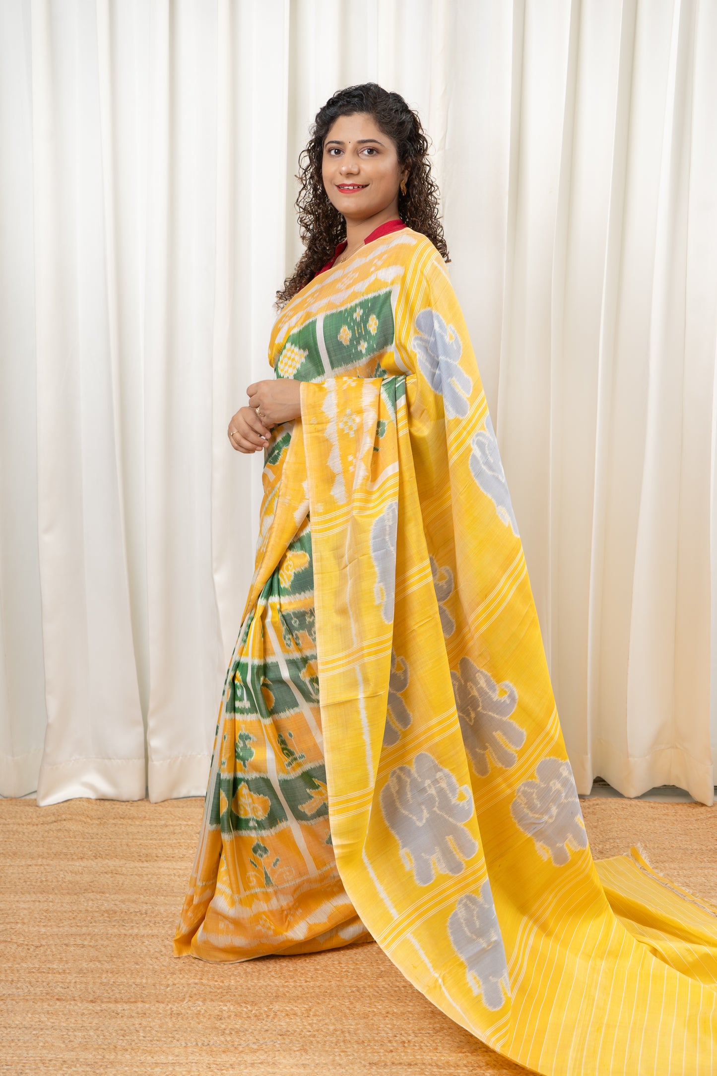 Exclusive Odisha Ikkat Nabakothi Pure Silk Saree- Pastel Yellow & Green