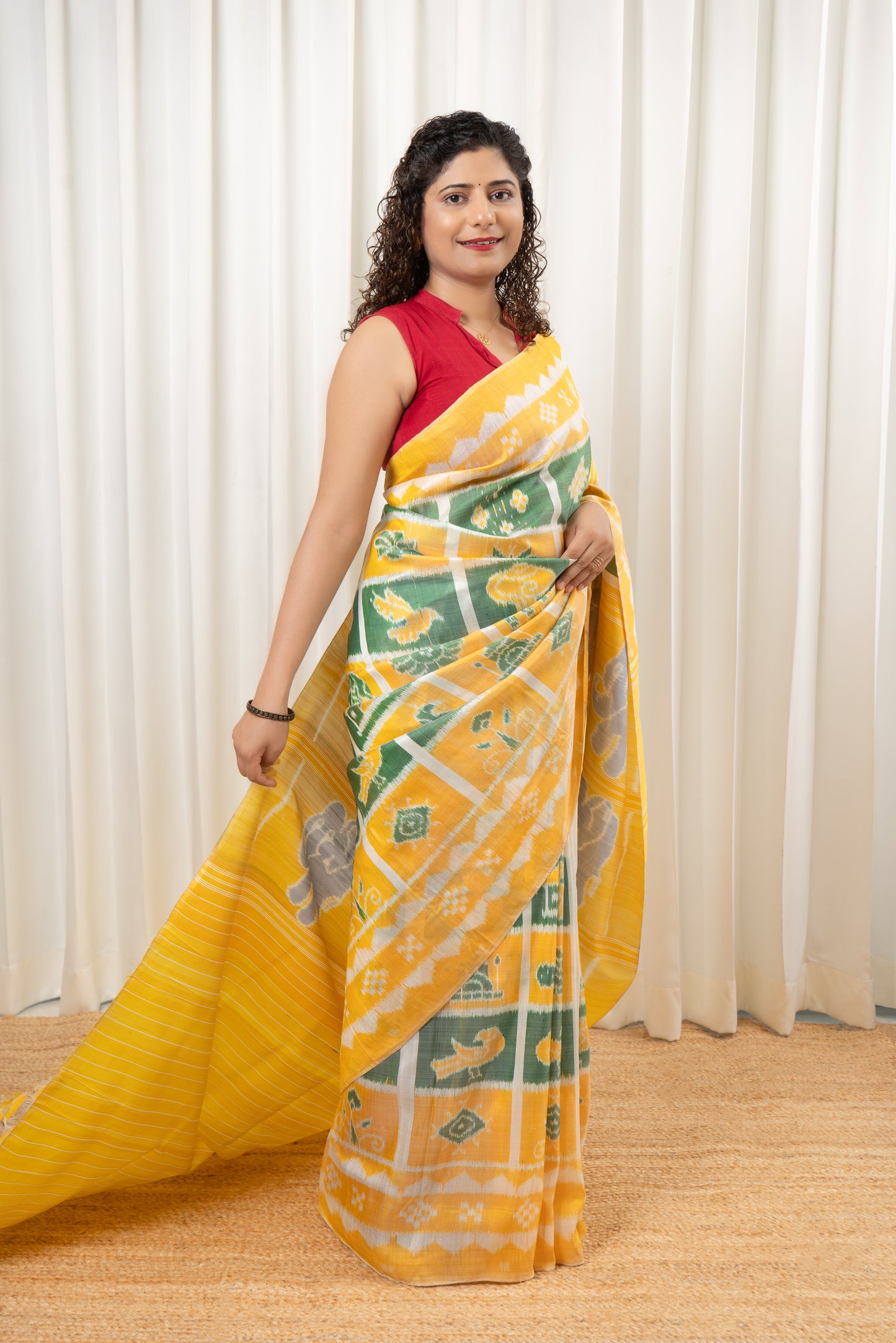 Exclusive Odisha Ikkat Nabakothi Pure Silk Saree- Pastel Yellow & Green