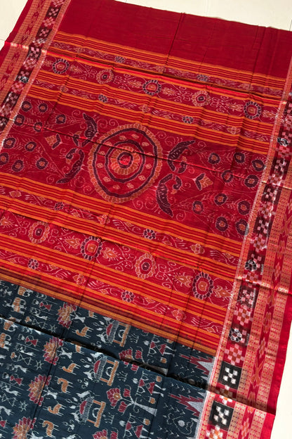 Exclusive Curvilinear Sambalpuri Ikkat Pure Cotton Saree : Teal & Red