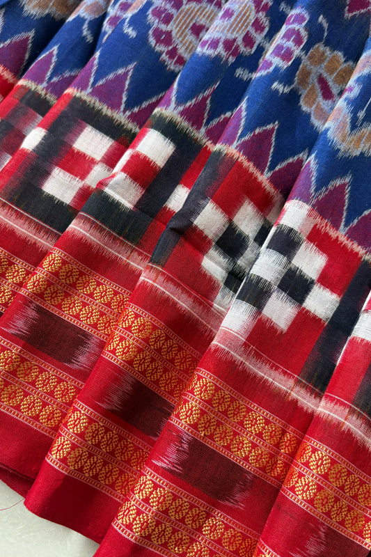 Exclusive Curvilinear Sambalpuri Ikkat Pure Cotton Saree - Pink, Blue & Red