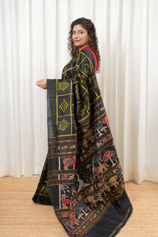 Exclusive Odisha Ikkat Nabakothi Pure Silk Saree- Black