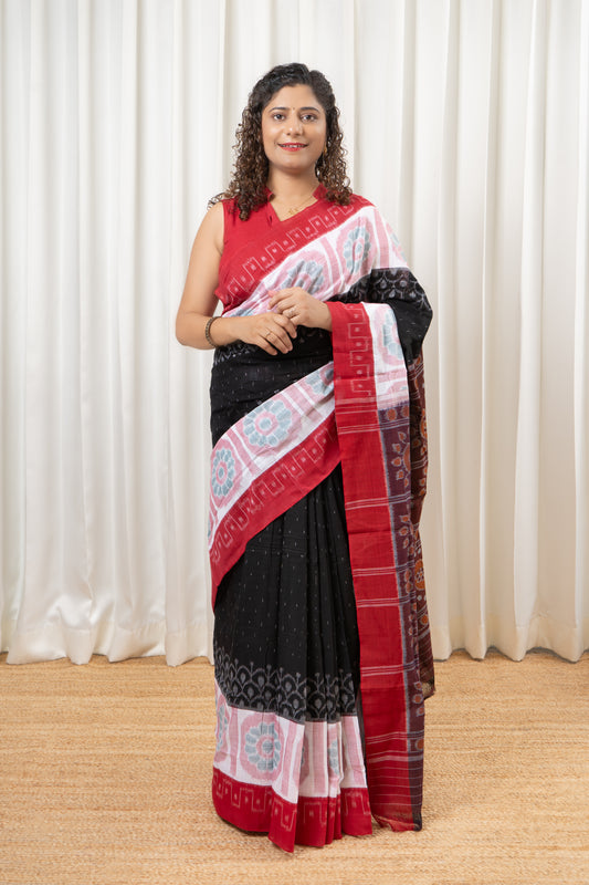Odisha Ikkat Khandua Cotton Saree - Black