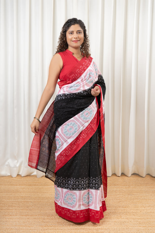 Odisha Ikkat Khandua Cotton Saree - Black