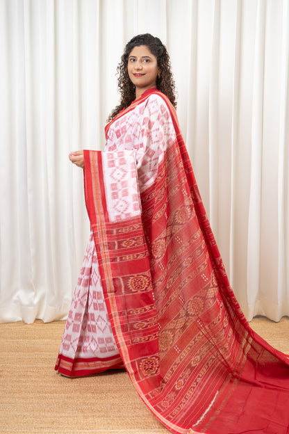 Nuapatna Khandua Cotton Saree - White & Red