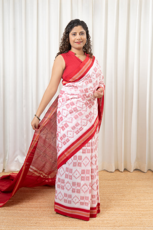 Nuapatna Khandua Cotton Saree - White & Red