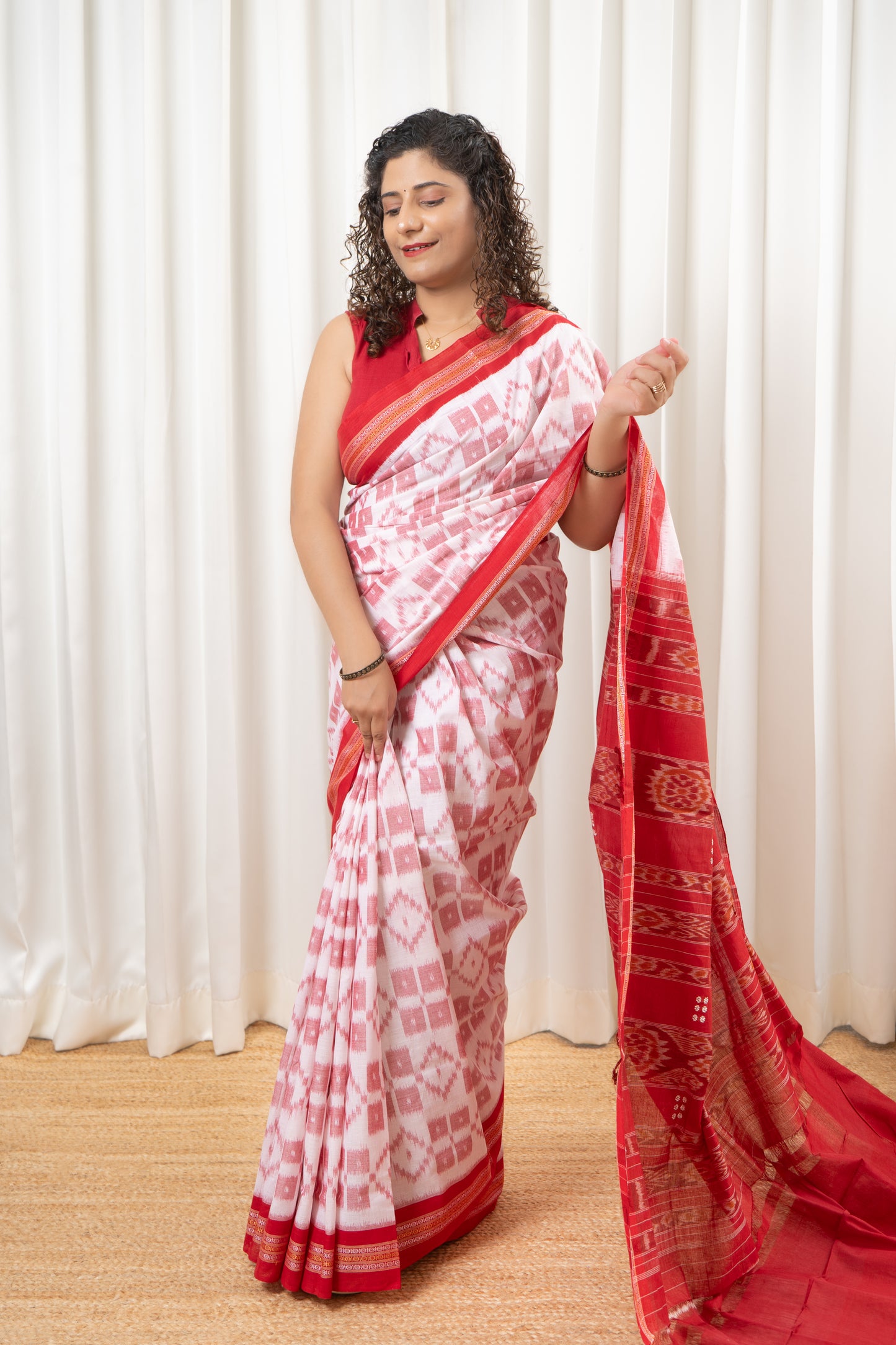 Nuapatna Khandua Cotton Saree - White & Red